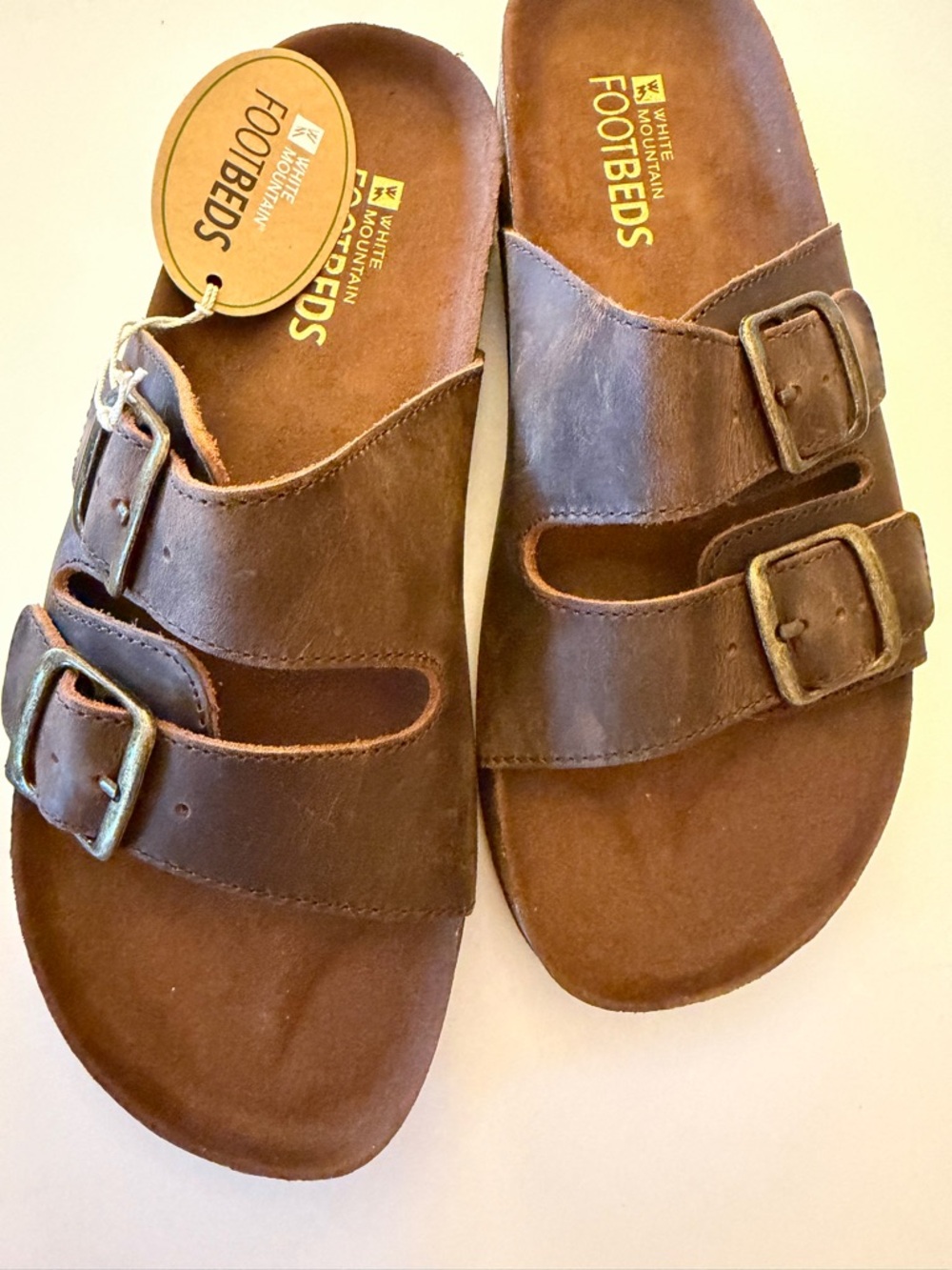 White Mountain Leather Footbeds woman’s Brown Two-Strap Slide Sandals